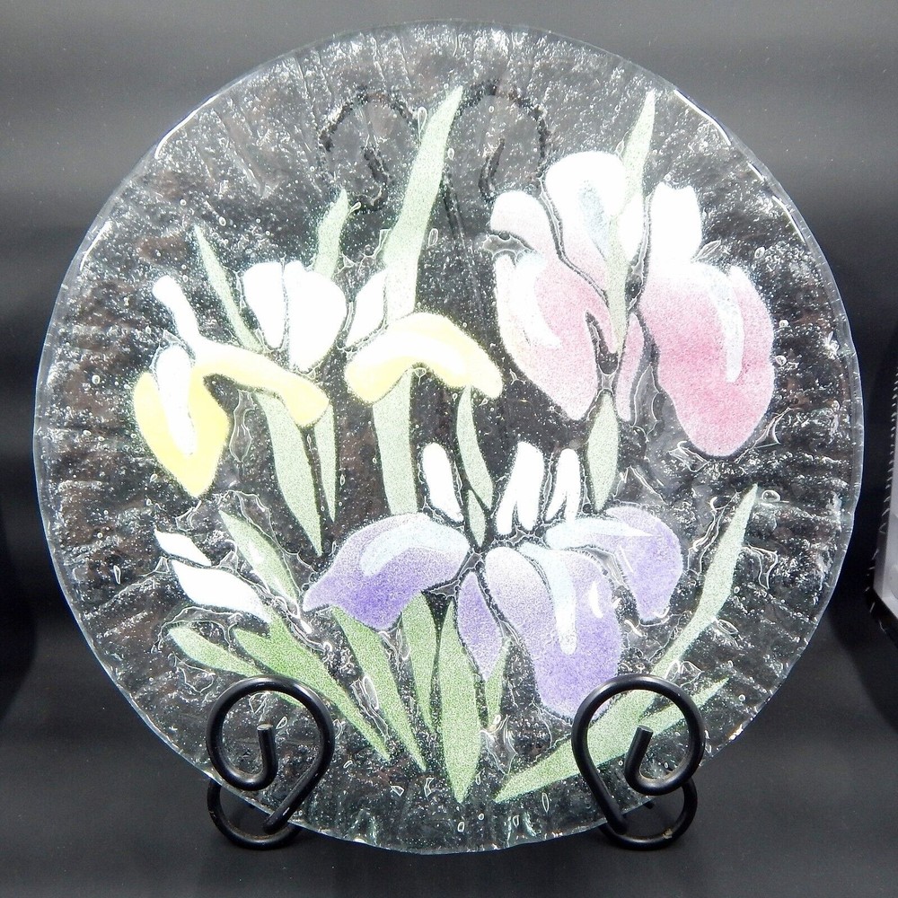 Sydenstricker Fused Glass Plate Iris Yellow Purple Pink 8.5 Inches